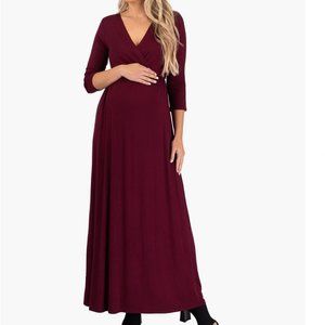 NWT Mother Bee Maternity V-Neck 3/4 Sleeve Ruched Waist Dress in Wine